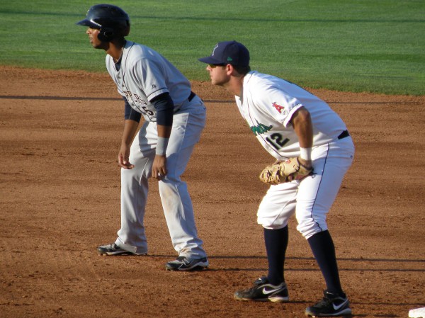 Beloit Snappers CF Aaron Hicks leads off 1B during a game in Cedar Rapids in June 2010 