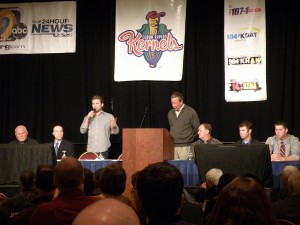 The Twins Caravan dias in Cedar Rapids was shared by (from L to R): Twins Director of Minor League Operations Brad Steil, Manager Ron Gardenhire, Infielder Brian Dozier, Broadcaster Dick Bremer, Bench Coach Terry Steinbach, Kernels Manager Jake Mauer, Minor League Pitcher of the Year B.J. Hermsen