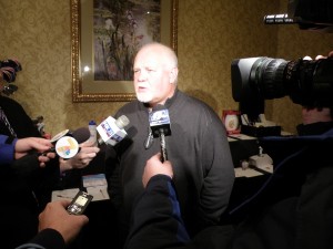 Ron Gardenhire with what passes as the media hoard in Cedar Rapids (including a voice recorder held by a local blogger who shall remain nameless)