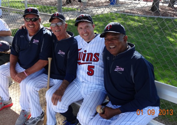 me hanging out with (from left to right) Juan Berenguer, Camilo Pascual, and Tony Oliva during the marathon that Game 1 became. Both Camilo and Tony are my team's coaches, along with our manager Bill Campbell. Great day today. :D photo credit: Corey Sauer