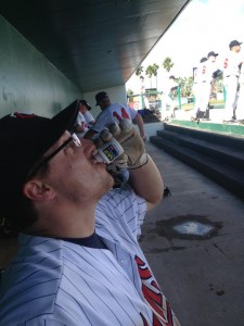 Me in the dugout of Hammond Stadium during the Pros vs. Rookies game chugging Advil after pitching to Tim Laudner, Gene Larkin, Tom Brunansky, Ron Coomer and Milt Cuyler and after that performance, I came to bat and got a hit off of Rick Aguilera. I am SORE. And very HAPPY. :D photo credit: Corey Sauer