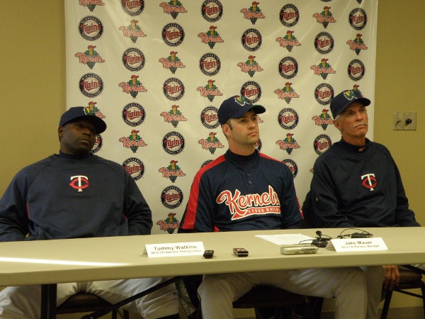 Kernels coaches meet the media" Tommy Watkins (hitting coach), Jake Mauer (manager), Gary Lucas (pitching coach)