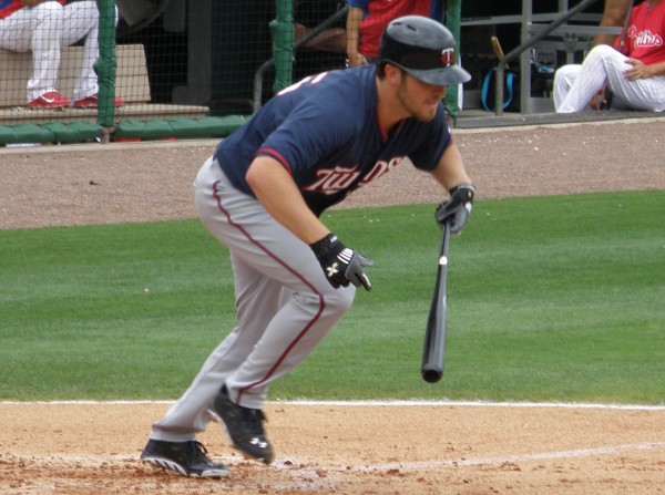 Something you don't see happen often: A Twins pitcher hitting. Or, in this case, Phil Hughes attempting to put down a bunt.