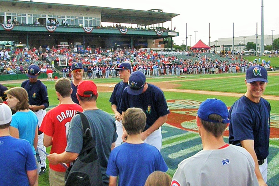 Kernels All-Stars work the pregame autograph ropeline at the 2015 MWL All-Star Game L-R: Jorge, Booser, Hildenberger, Wilson, Vavra. (Photo: SD Buhr)