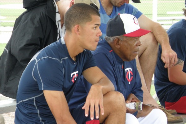 Jose Berrios and Tony Oliva chatted during a spring training game in March. They should be able to have chats like this at Target Field in 2016 (Photo: SD Buhr)