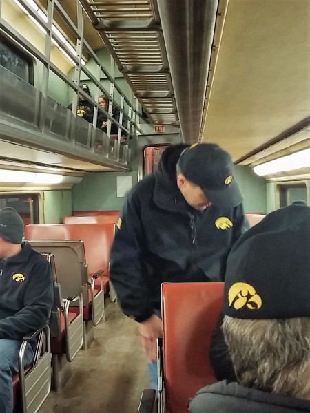 On the double-decker train, the Hawkeye Express, heading back to Kinnick for football.