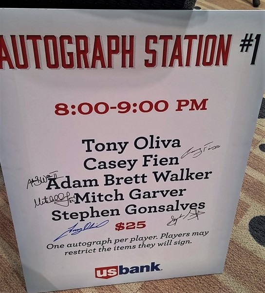 My big (only) purchase of the day, from the "Twins Yard Sale," was this Autograph Station sign from Friday night's autograph session, featuring the autographs of all five participants: Tony Oliva, Casey Fien, Adam Bret Walker II, Mitch Garver and Stephen Gonsalves