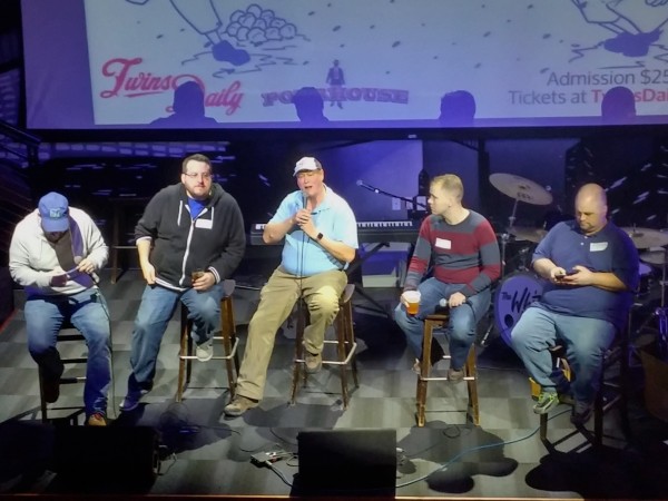 Paul Lambert, Aaron Gleeman, John Bonnes, Nick Nelson and Seth Stohs on stage (clearly, Paul and Seth are intensely interested in what John is saying, as evidenced by their focus on their phones)