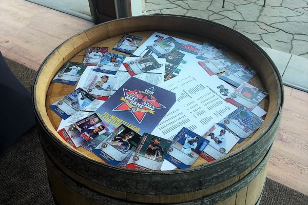 On Monday evening, the Kernels hosted players, team officials, various VIPs and guests of all of the above at a social event at Cedar Ridge Vineyard & Distillery. I got my first look at the ASG card set at displays there.